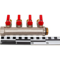 Коллектор с шаровыми кранами STOUT Smb 6210 341204 3/4", 4 отвода 1/2", красные ручки RG0091AACQND3T