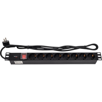 Блок розеток EKF PDU TERACOM PRO 19" 1U 16А/250В 8 розеток Schuko с выключателем, шнур питания длиной 2 метра, сечение 3x1.5 мм2, вилка Schuko, корпус пластик, черный TRP-HPD-LSP-16A-8SH-2MSH
