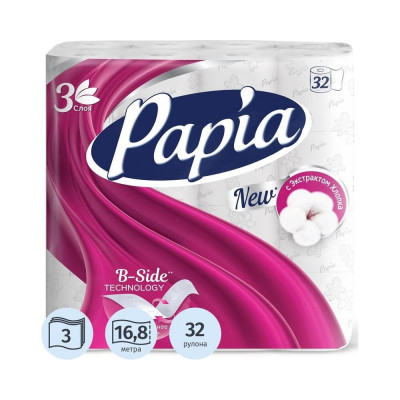 Туалетная бумага PAPIA 3 слоя, белая, 100% целлюлоза, втулка, 16.8 м, 140 листов, 32 рулона 694879
