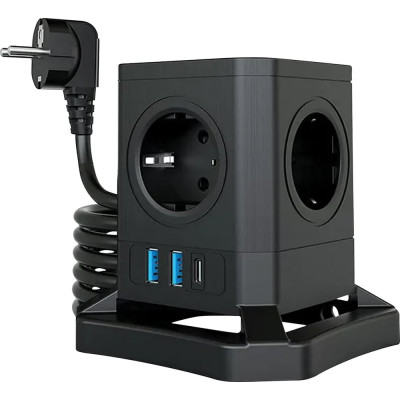 Сетевой фильтр QUMO Power Block System PD1 12SP5U P-0003, 5 розеток, 2500 Вт, 10A, кабель 2м 3*1 мм чистая медь, пожаробезопасный пластик, евровилка, 2 USB порта 2,4A + USB-C 30W 42087