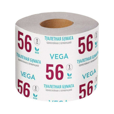 Туалетная бумага Vega 1 слой, 56 м/рул, на втулке, с перфорацией, серая 339240