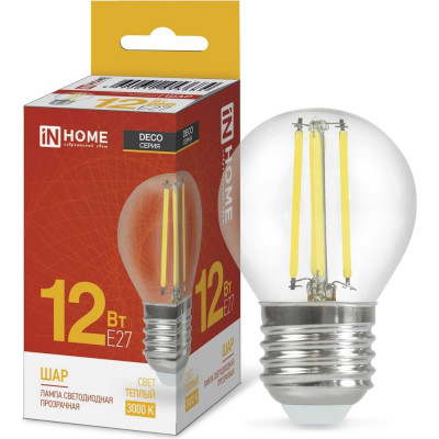 Лампа IN HOME сд LED-ШАР-deco 12Вт 230В Е27 3000К 1350Лм прозрачная 4690612053684