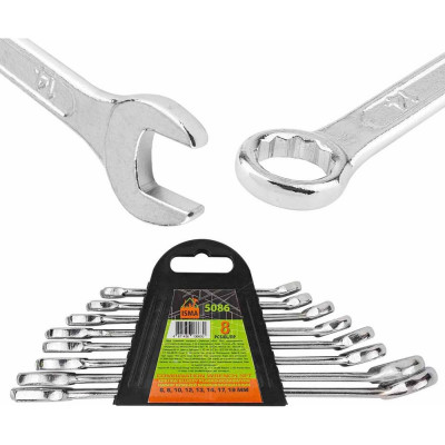 Набор ключей комбинированных ISMA 8пр. (6, 8, 10, 12, 13, 14, 17, 19мм) в пластиковом держателе ISMA-5086(48313)