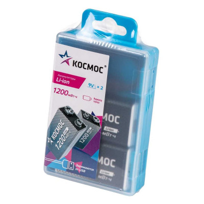 Аккумулятор КОСМОС крона Li-ion 9V 1000мАч 2 шт в боксе KOCLi9V1200mAh2B