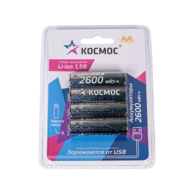 Аккумулятор КОСМОС АА Li-ion 1700мАч 4 шт в на блистере KOCR6Li2600mWh4BL