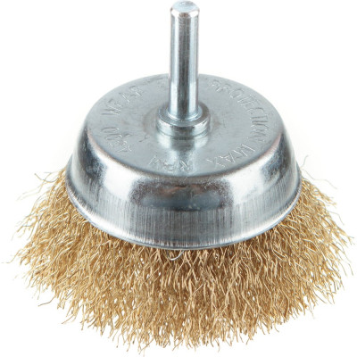 Щетка крацовка для дрели со шпилькой, чашечная, витая, латунированная, 50 мм GREPP 214-050