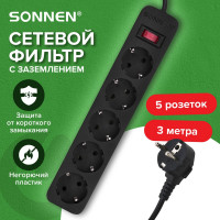 Сетевой фильтр SONNEN spb-305, 5 розеток с заземлением, выключатель, 10 а, 3 м, черный, 513657