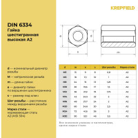 Гайка KREPFIELD нержавеющая, М16x48, DIN 6334, А2, удлиненная 30 шт. в упак. 6334A2ГАЙКАМ16Х48-30