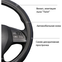 Оплетка на руль AZARD GROUP STELS экокожа, вставки Карбон, прострочка синяя, M, черный OPLA0150