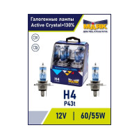 Автомобильная галогенная лампа МАЯК H4, 12 В, 60/55 Вт, P43t, Active Crystal +130%, 2 шт. 72420AC+130