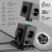 Сетевой фильтр QUMO Power Block System PD1+1 12SP5U P-0003, 9 розеток, 2500 Вт, 10A, кабель 2м 3*1 мм чистая медь, пожаробезопасный пластик, евровилка, 2 USB порта 2,4A + USB-C 30W 42088