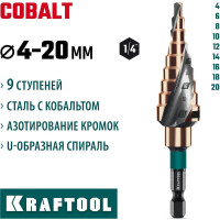 Сверло ступенчатое KRAFTOOL Cobalt 4-20мм, 9 ступеней 29691-4-20-9