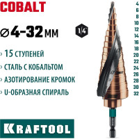 Сверло ступенчатое KRAFTOOL Cobalt 4-32мм, 15 ступеней 29691-4-32-15
