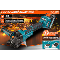 Аккумуляторная бесщеточная угловая шлифмашина Sturm, 18В, 1BatterySystem, 125мм, плавный пуск, 1x4Ач, кейс CAG18125BLE