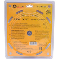 Диск пильный с тефлоновым покрытием по дереву Profi plus 210x1.5/2.2x32/30/25.4/20 мм, 24Т CUTOP 75-21024Т