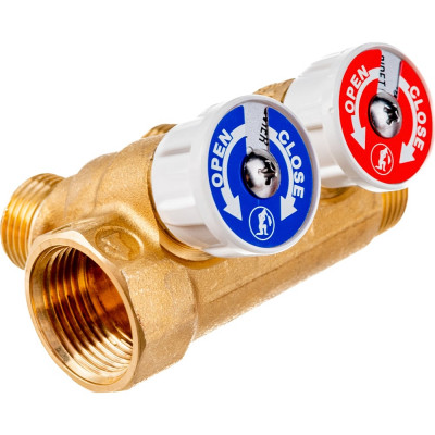 Коллектор Giacomini латунь R585C 3/4 ВР/НР на 2 выхода 1/2 НР с запорными клапанами R585CY072 040-2338