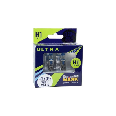 Автомобильная галогенная лампа МАЯК H1, 12 В, 55 Вт, P14.5s, White Vision +150%, ULTRA, 2 шт. 82120WV+150