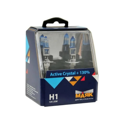 Автомобильная галогенная лампа МАЯК H1, 12V, 55W, P14.5s Active Crystal +130%, 2 шт. 72120AC+130