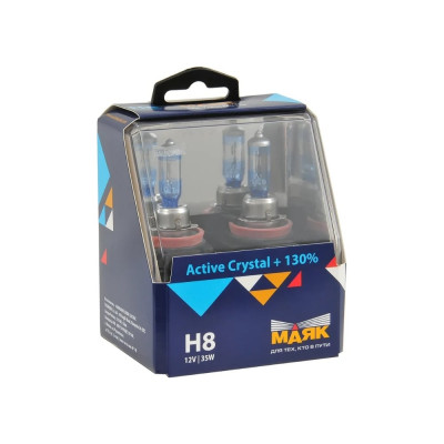 Автомобильная галогенная лампа МАЯК H8, 12V, 35W, PGJ19-1 Active Crystal +130%, 2 шт. 72820AC+130