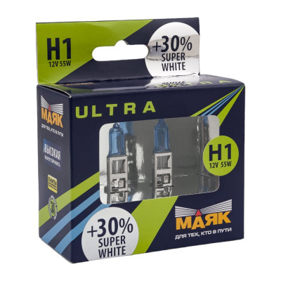 Автомобильная галогенная лампа МАЯК H1, 12V, 55W, P14,5s Super White +30%  ULTRA, 2 шт. 82120SW+30