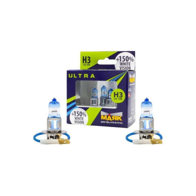 Автомобильная галогенная лампа МАЯК H3, 12V, 55W, PK22s White Vision +150%  ULTRA, 2 шт. 82320WV+150