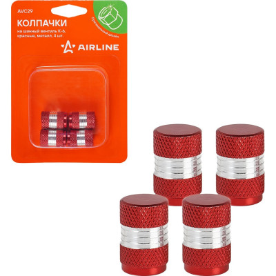Колпачки на шинный вентиль Airline K-6, красные, металл, 4 шт. AVC29