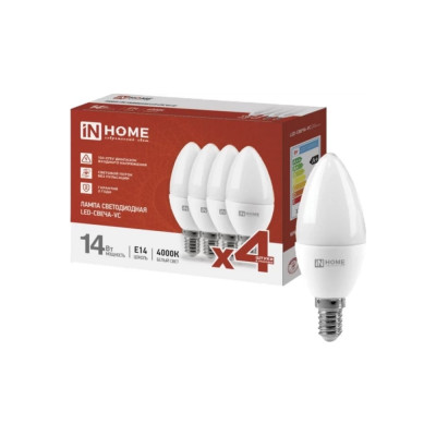 Лампа светодиодная IN HOME LED-СВЕЧА-VC 4PACK 14Вт, 230В, Е14, 4000К, 1330Лм, 4 штуки/упаковка 4690612052328