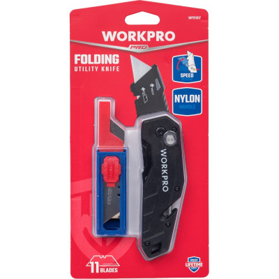 Складной быстросменный нож WORKPRO с нейлоновой рукояткой (10 лезвий) трапеция, черный WP211017
