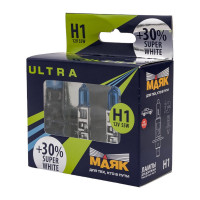 Автомобильная галогенная лампа МАЯК H1, 12V, 55W, P14,5s Super White +30%  ULTRA, 2 шт. 82120SW+30