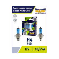 Автомобильная галогенная лампа МАЯК H4 12 В, 60/55 Вт, P43t, Super White +30%, ULTRA, 2 шт. 82420SW+30