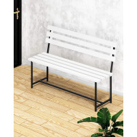 Скамейка садовая Solarius Классика с деревянными спинкой и сиденьем белого цвета, лавочка для дачи с черным металлическим каркасом skam-spin-bel