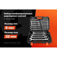 Набор комбинированных трещоточных шарнирных ключей Gigant в пластиковом кейсе 22 шт GKHC-22
