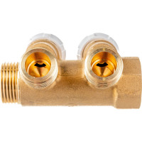 Коллектор Giacomini латунь R585C 3/4 ВР/НР на 2 выхода 1/2 НР с запорными клапанами R585CY072 040-2338