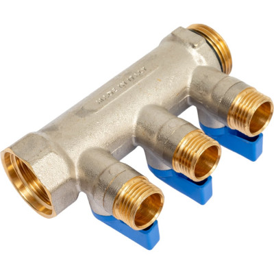 Коллектор с шаровыми кранами STOUT Smb 6211 011203 1", 3 отвода 1/2", синие ручки RG0091AACQMBJO