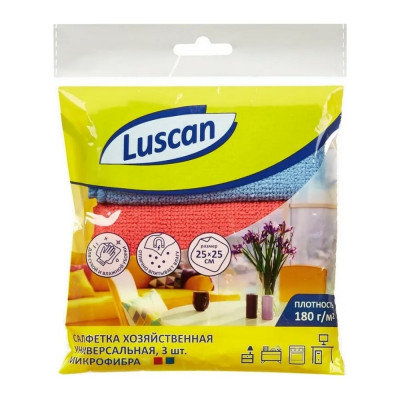 Хозяйственные салфетки Luscan микрофибра, 180 г., 25x25 см., 3 шт/уп., синий, красный, желтый 957392