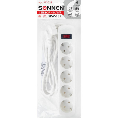 Сетевой фильтр SONNEN spw-185, 5 розеток с заземлением, выключатель, 10 а, 1,8 м, белый, 513653