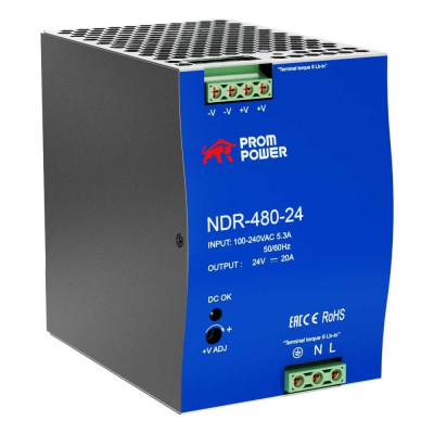 Источник питания Prompower ndr-480-24, на выходе 24 В DC, 20 а, 480 Вт. входное 85-264 В AC (120-370 В DC) NDR48024