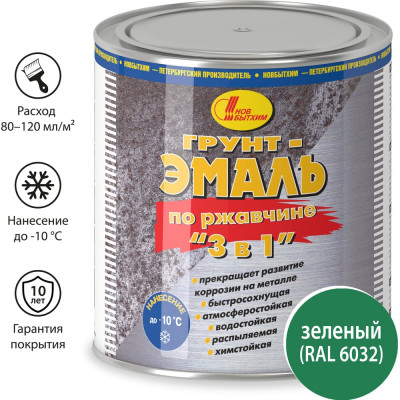 Грунт-эмаль по ржавчине Новбытхим 3 в 1, зелёная, RAL 6032, 2,7 л 3377