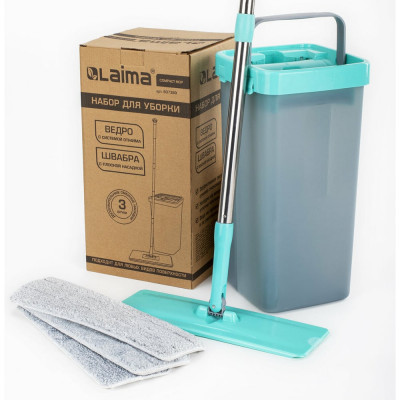 Швабра с отжимом LAIMA Compact Mop комплект для уборки ведро 9 л/7 л двухкамерное с отжимом, швабра, Моп 3 шт., усиленная упаковка 880973