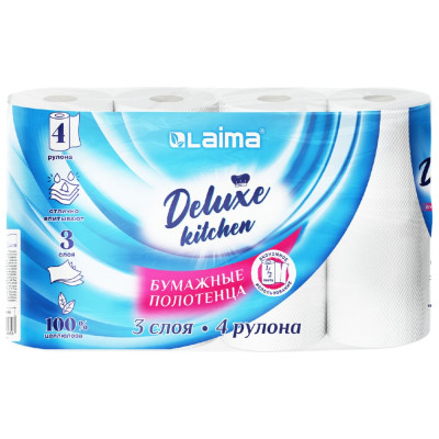 Полотенца бумажные LAIMA Deluxe 3 слоя, 4 рулона по 11 м (отрыв 1/2 листа), 100% целлюлоза 115400