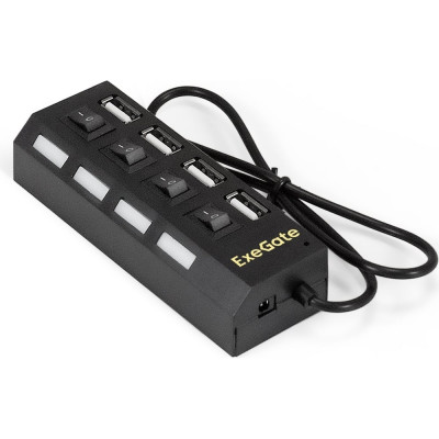USB-Хаб концентратор ExeGate 4-в-1 DUB-42SW кабель-адаптер USB2.0-4xUSB2.0, кнопки включения отключения для каждого порта, Plug&Play, черный 293977