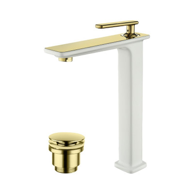 Смеситель для умывальника Lemark "Миста" высокий, монолитный, белый/золото LM6409WG