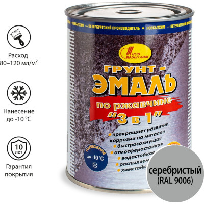 Эмаль по ржавчине НОВБЫТХИМ ГРУНТ 3 в 1, серебристая, RAL 9006, 1 л 2868