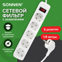 Сетевой фильтр SONNEN spw-185, 5 розеток с заземлением, выключатель, 10 а, 1,8 м, белый, 513653