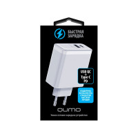 Сетевое зарядное устройство QUMO Energy PD, 65W Charger 0075, два порта: Type-C PD, + USB-A QC3.0, цвет белый 43017
