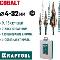 Набор сверл ступенчатых KRAFTOOL Cobalt 4-32 м, 3 шт 29691-4-32-H3