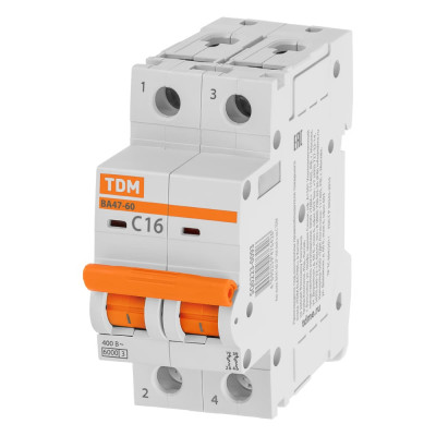 Автоматический выключатель TDM ELECTRIC ВА47-60 2Р 16А 6кА х-ка С SQ0223-0093