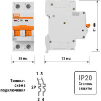 Автоматический выключатель TDM ELECTRIC ВА47-60 2Р 16А 6кА х-ка С SQ0223-0093