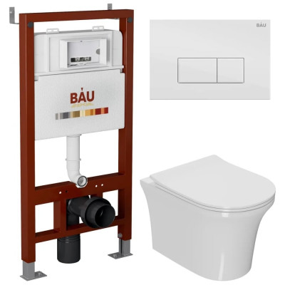 Инсталляция Bauedge BAU PRO для подвесного унитаза, клавиша смыва BAU Hotel для инсталляциии, белый глянец Q111300-Q00006