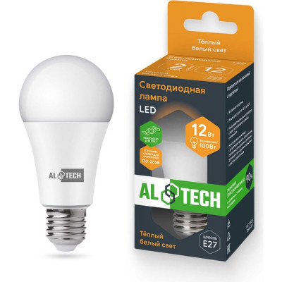 Лампочка светодиодная ALTECH LED Р60-12W-830-E27 12Вт груша теплый белый свет 4673758070234
